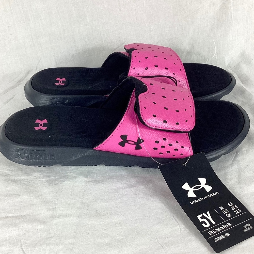 Under Armour. UA G Ignite Pro Sl Youth Slides Sandals Size 5Y Pink Black NEW